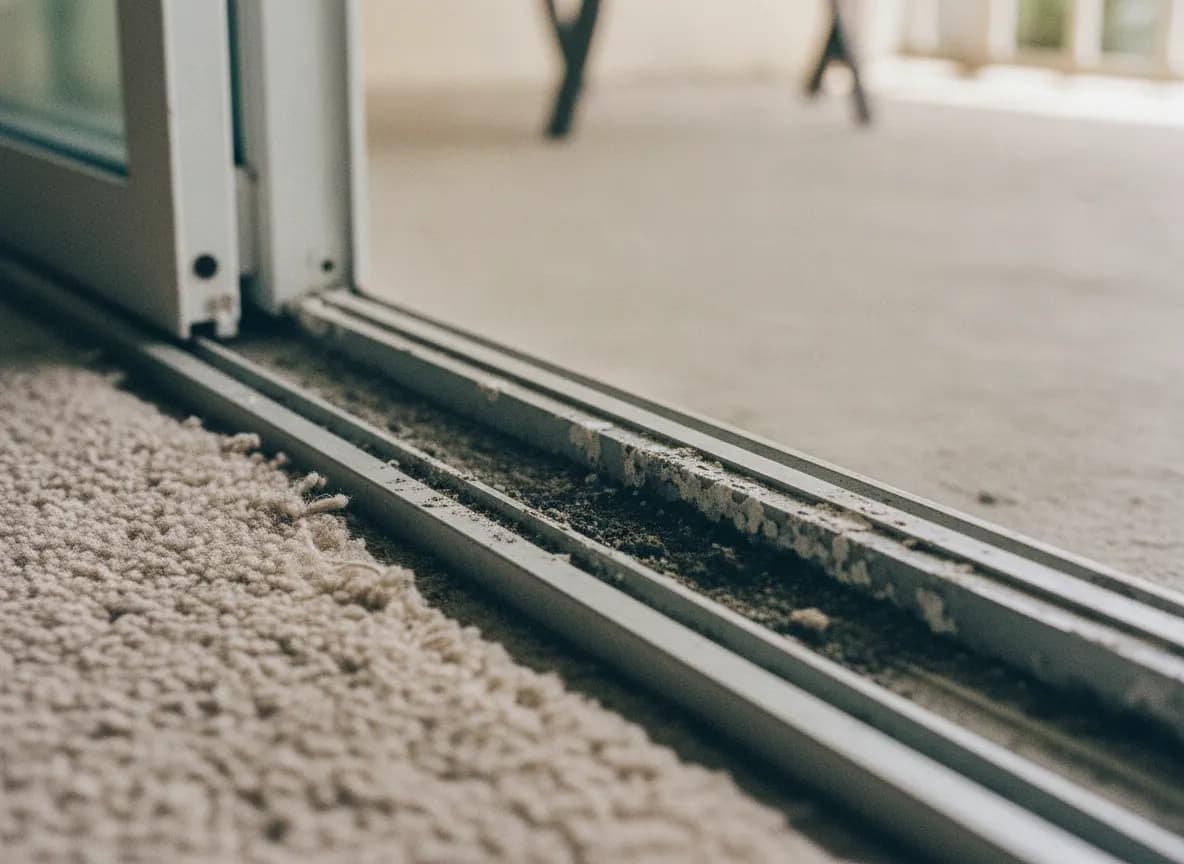 Corroded, salt-damaged sliding door track before repair (illustrative)