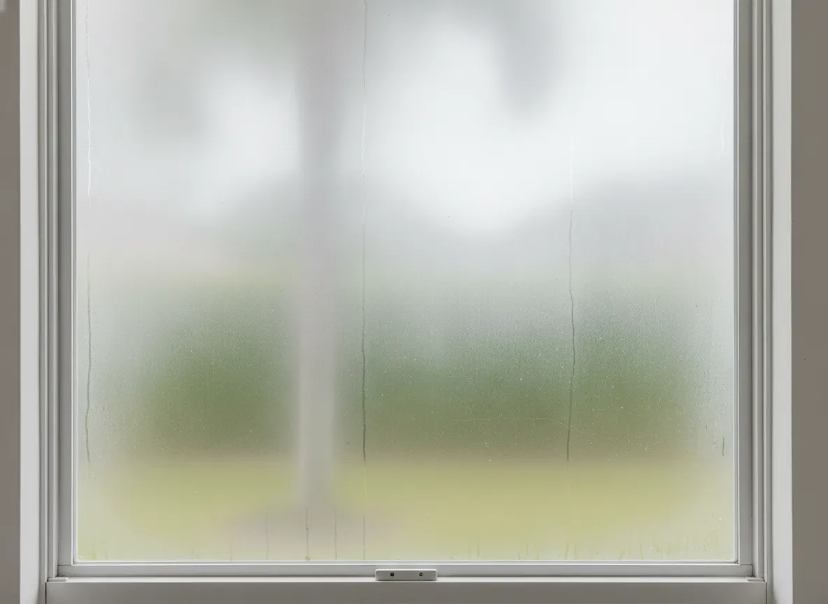 Fogged, failed insulated window glass before replacement (illustrative)