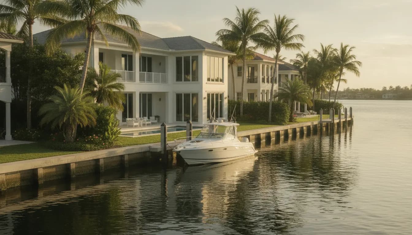 Fort Lauderdale waterfront homes along a canal with boats and palms