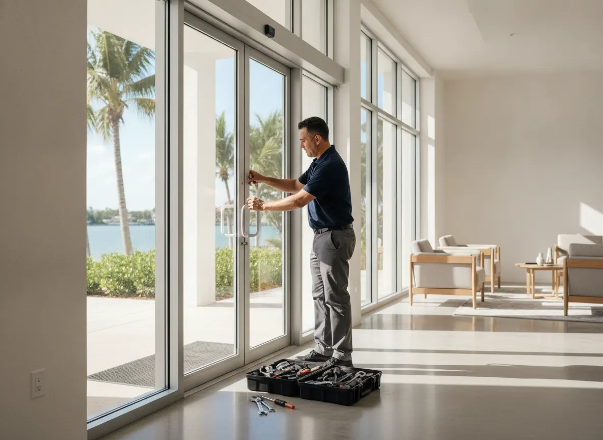 Technician servicing a commercial sliding glass door at a South Florida business