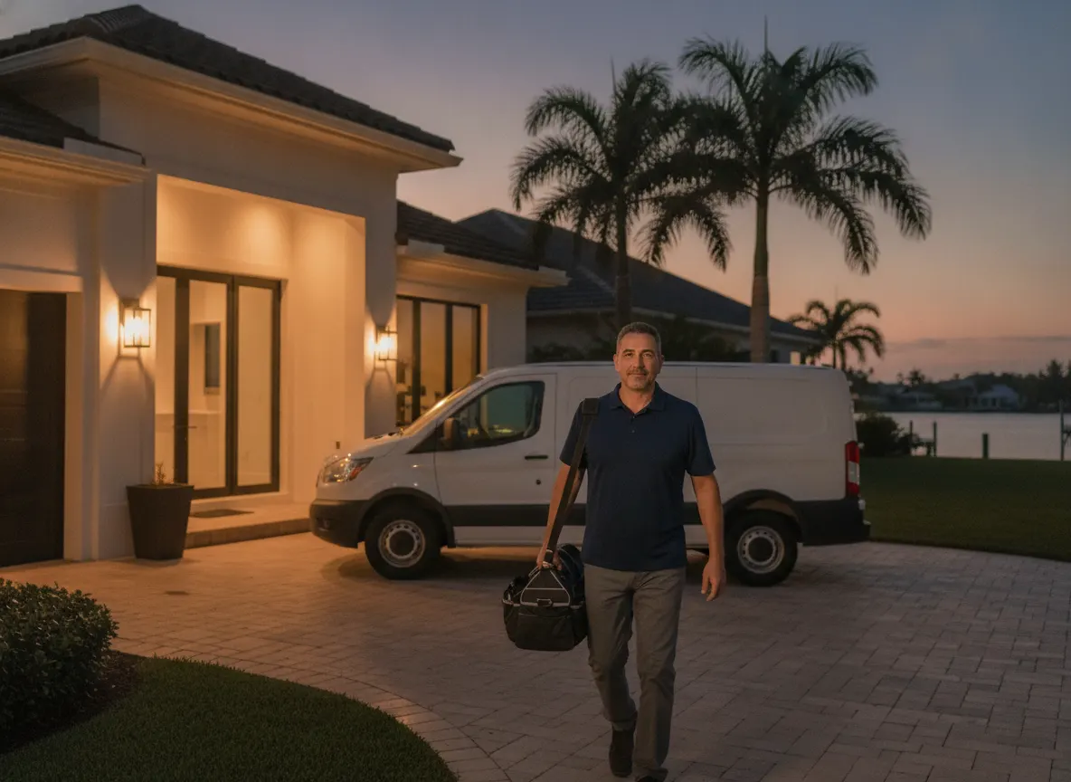 Technician arriving at a South Florida home at dusk for an emergency sliding door repair