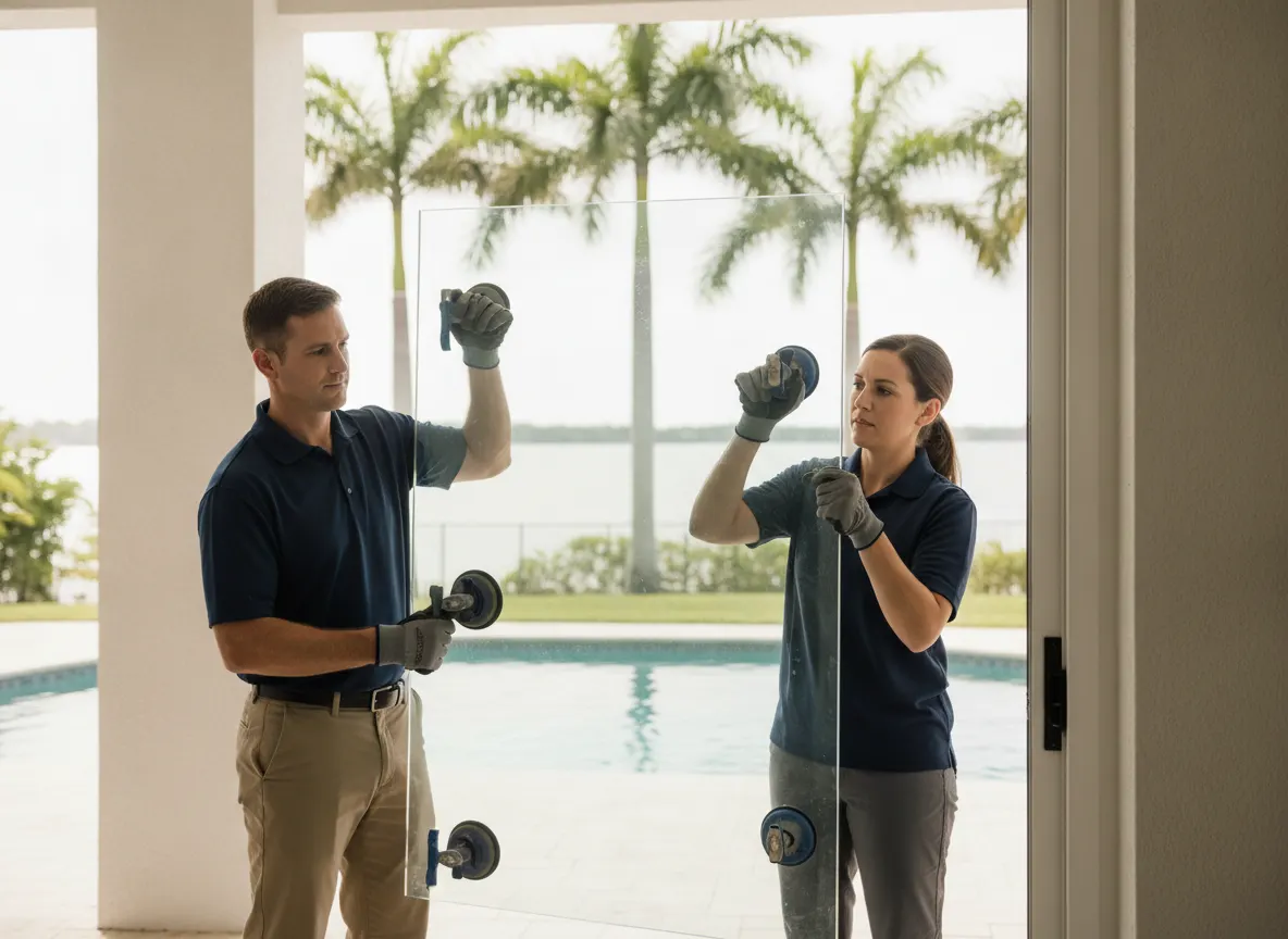 Two technicians carefully setting a large glass panel into a sliding door frame