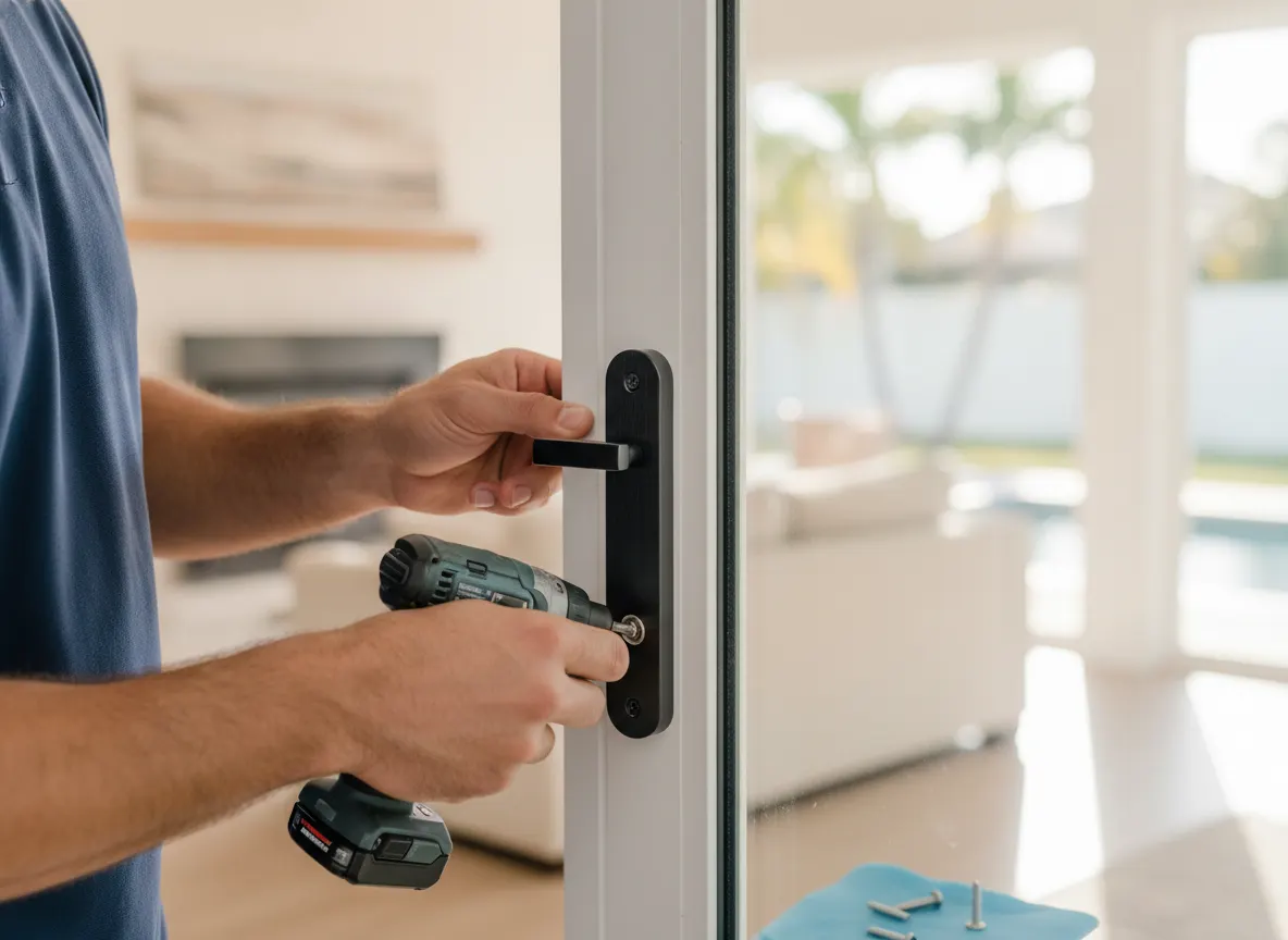 New modern handle being fitted onto a sliding glass door