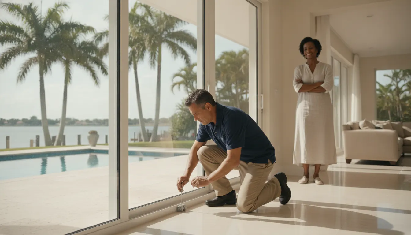 Technician servicing a floor-to-ceiling sliding glass door in a bright South Florida home overlooking a pool patio