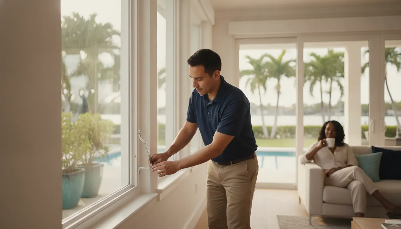 Bright South Florida living room with large impact windows and sliding glass doors, technician at work