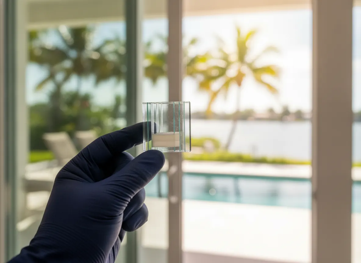 Cross-section detail of laminated hurricane impact glass held by a technician