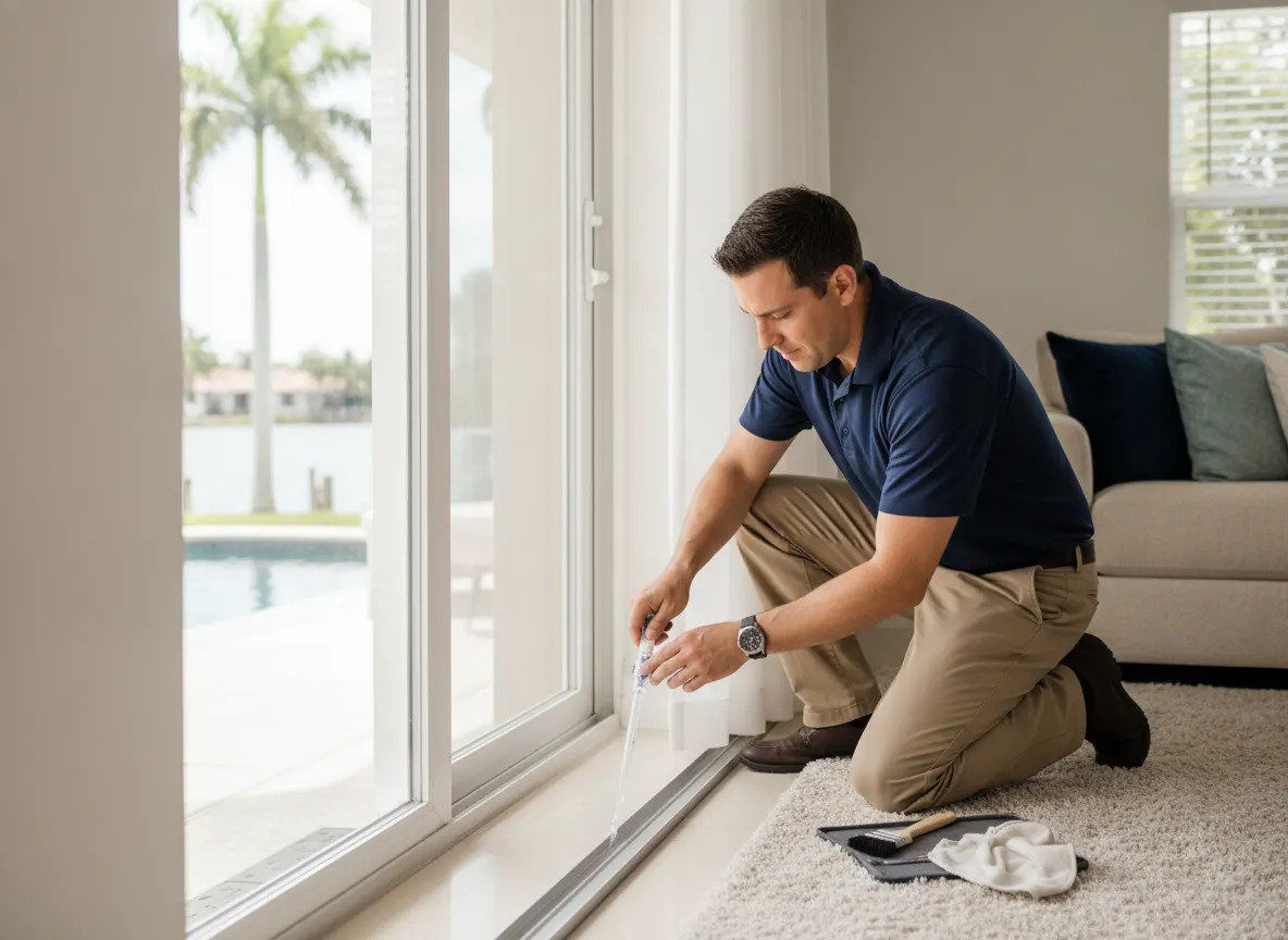 Technician performing preventive maintenance on a sliding door track