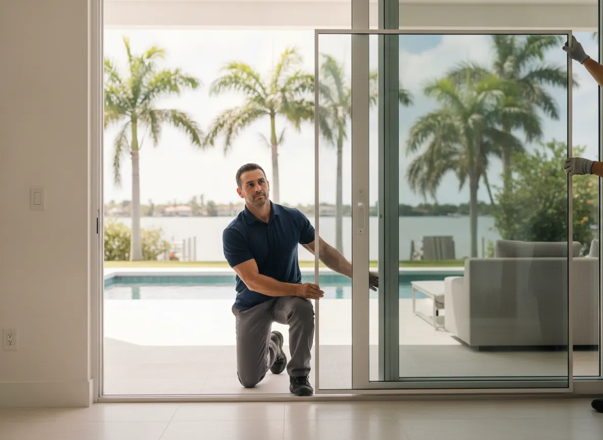 Technician lifting a heavy sliding glass door panel back onto its track