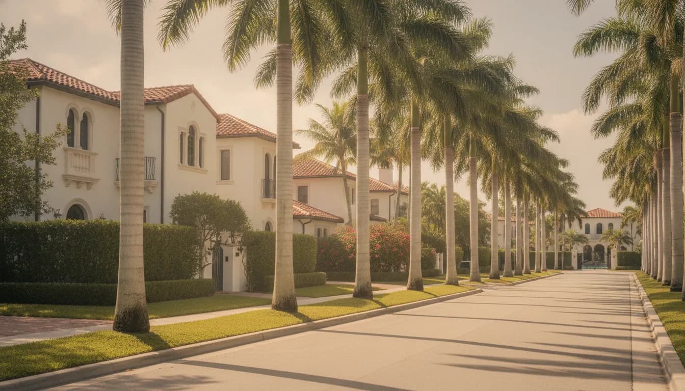 Upscale Palm Beach County residential street with palms and Mediterranean-style homes