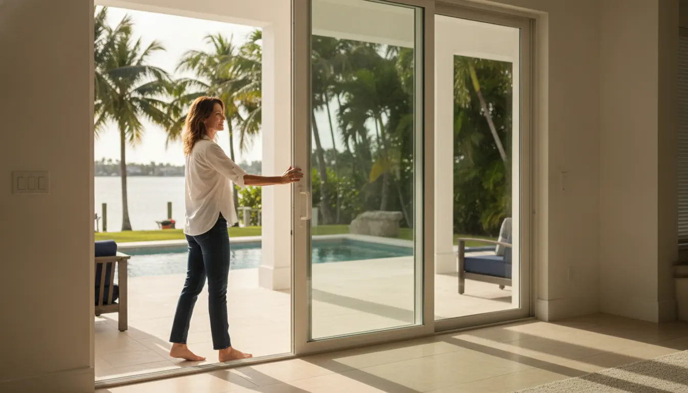 Homeowner effortlessly sliding open a large glass door to a pool patio