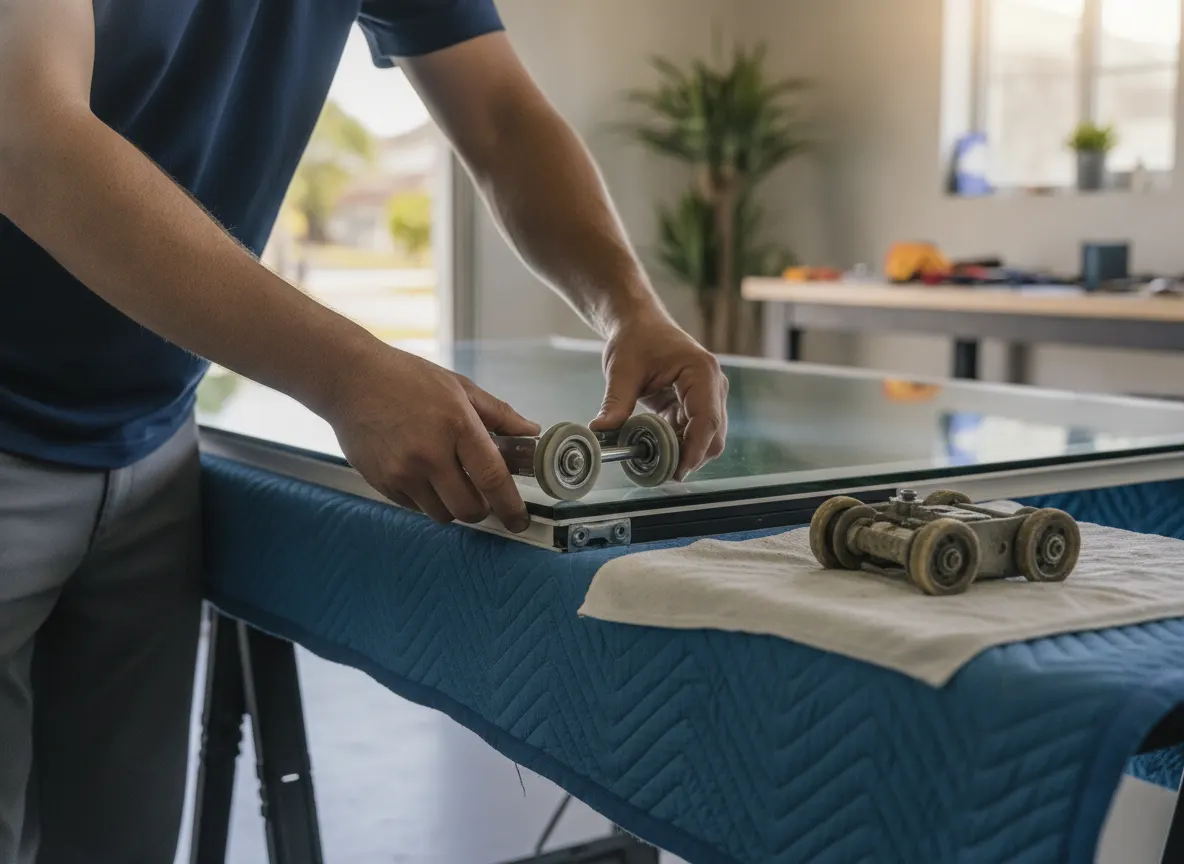 Close-up of a technician replacing worn sliding door rollers with new stainless steel rollers