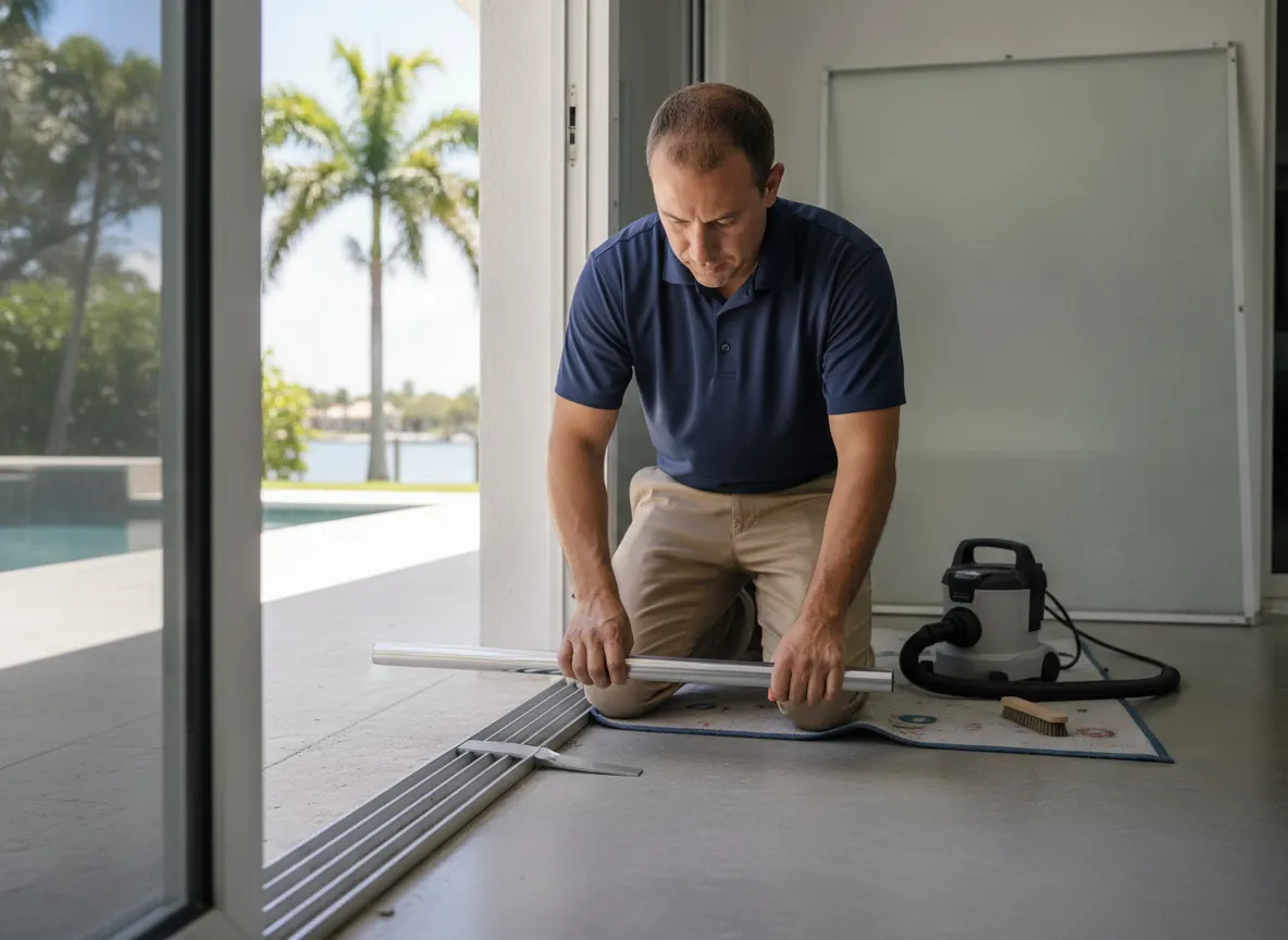 Technician repairing the aluminum bottom track of a sliding glass door