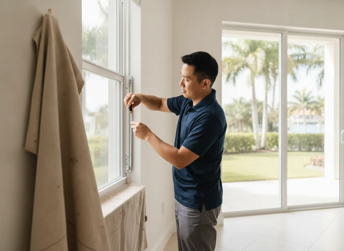 Technician repairing the balance mechanism of a single-hung window in a South Florida home
