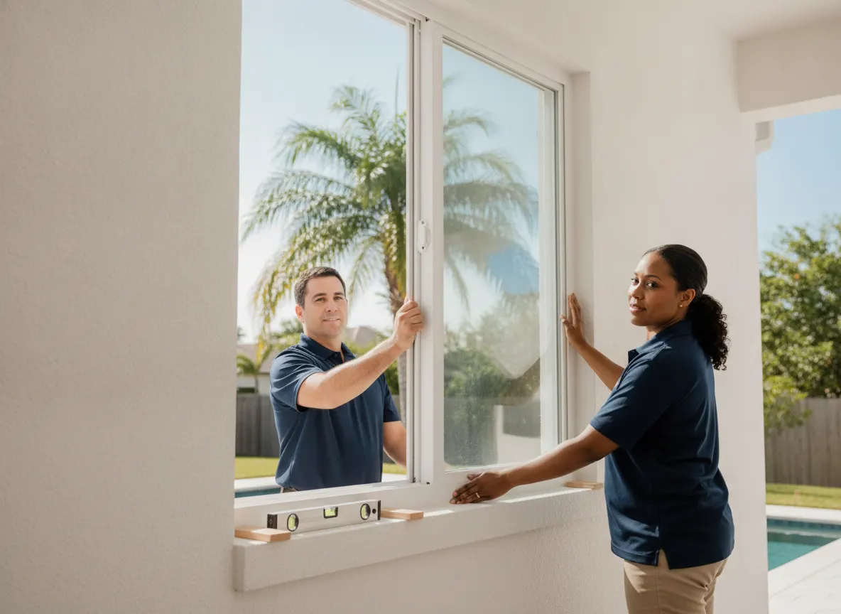 Two technicians setting a new impact window into a prepared opening
