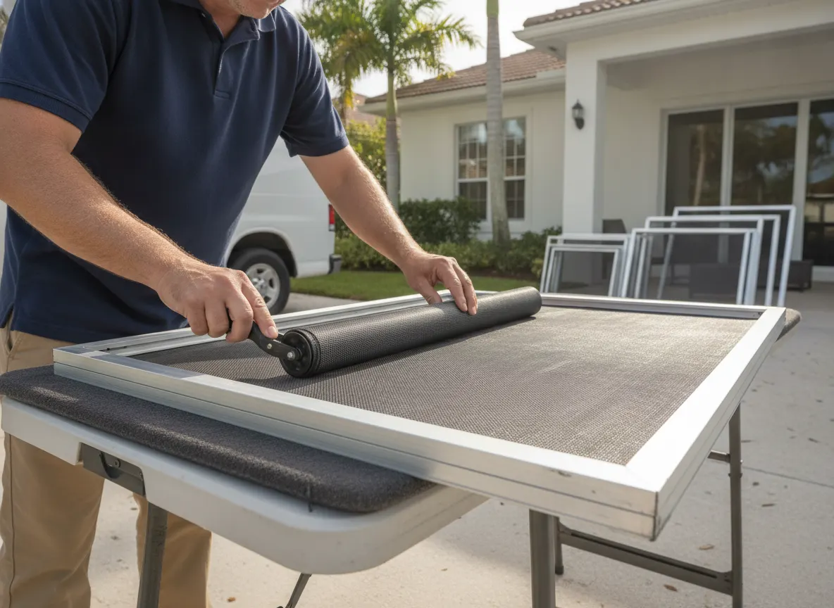 Technician re-screening a window screen frame on a work table